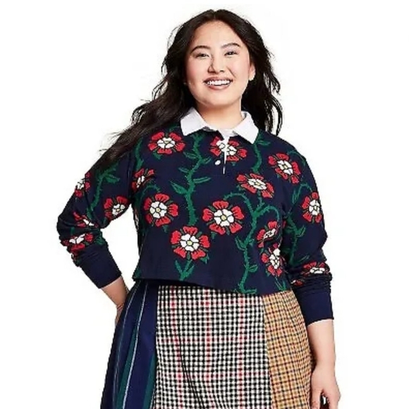 Women's Rose Print Collared Long Sleeve Rugby Shirt - Rowing Blazers 1X - Picture 1 of 7